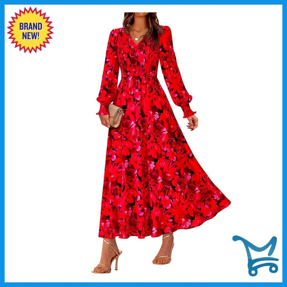 Floral V Neck Long Sleeve Maxi Dress Boho Formal Wedding Guest Elegant